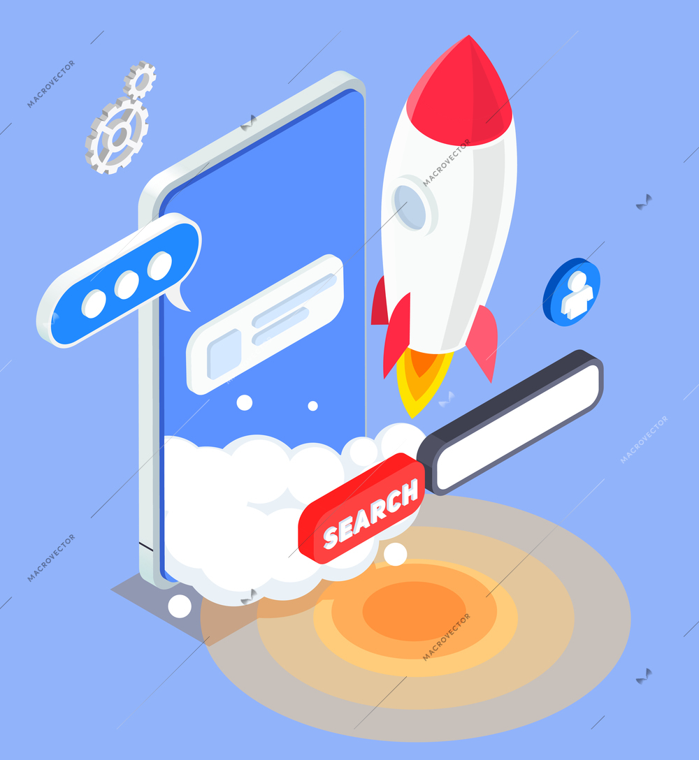 Isometric app store optimization concept with smartphone rocket search bar on blue background 3d vector illustration