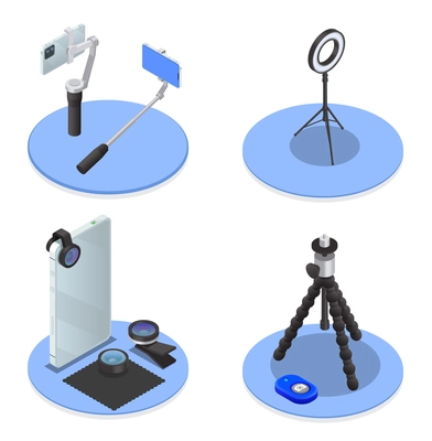 Isometric set of photography and video filming techniques on blue round stands isolated vector illustration