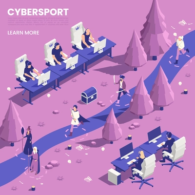 Cyber sport isometric poster with online player symbols vector illustration