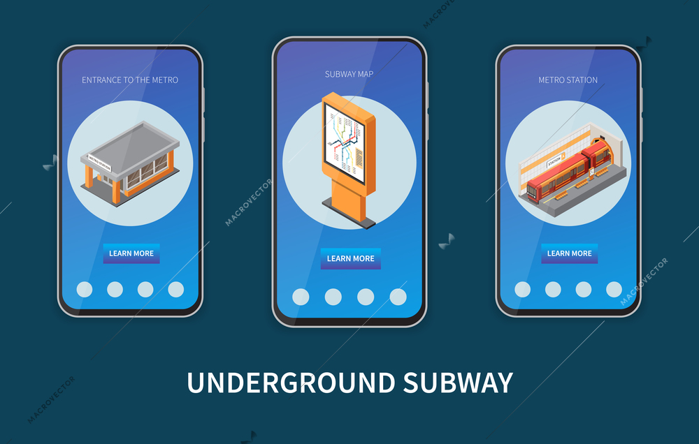 Subway metro infrastructure network  underground station entrance map online info 3 isometric smartphones screens set vector illustration