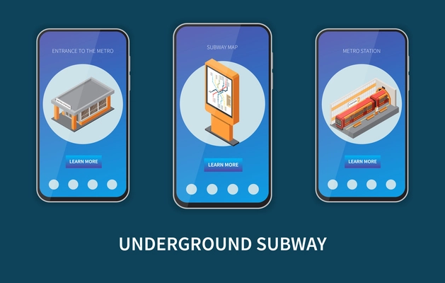 Subway metro infrastructure network  underground station entrance map online info 3 isometric smartphones screens set vector illustration