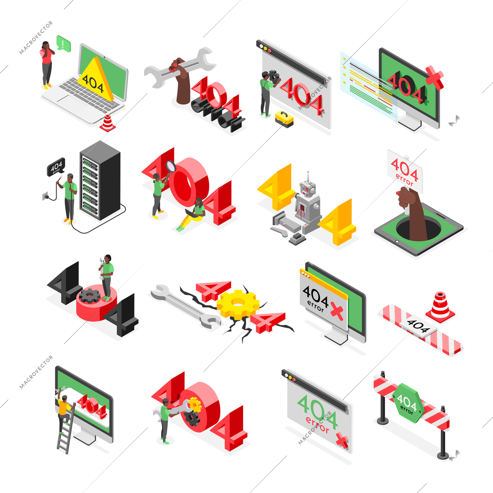 Error isometric recolor icon set various situations and circumstances related to error four hundred and four vector illustration