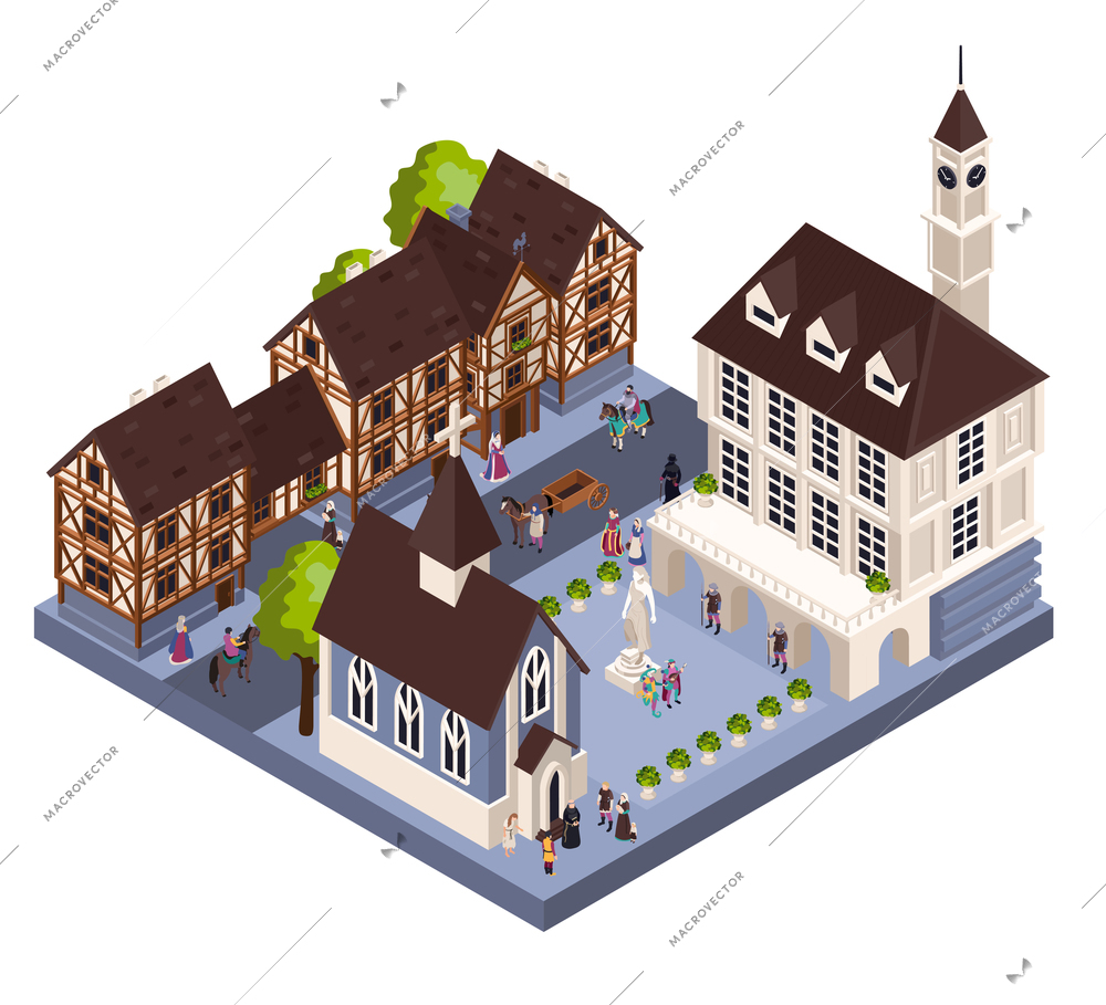 Medieval town architecture isometric concept with tower church and house vector illustraion