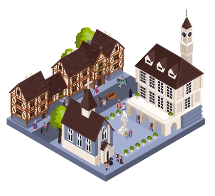 Medieval town architecture isometric concept with tower church and house vector illustraion