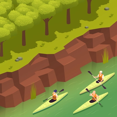 Rafting canoeing whitewater recreation adventures park isometric composition with 3 kayakers paddling along artificial riverbank vector illustration