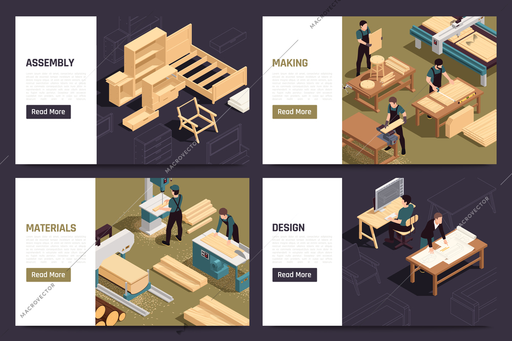Modern furniture production service concept 4 isometric webpages set with custom design units making assembly vector illustration