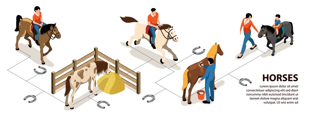 Horses infographics layout with adult and children characters sitting on horseback and staff caring for animals isometric vector illustration