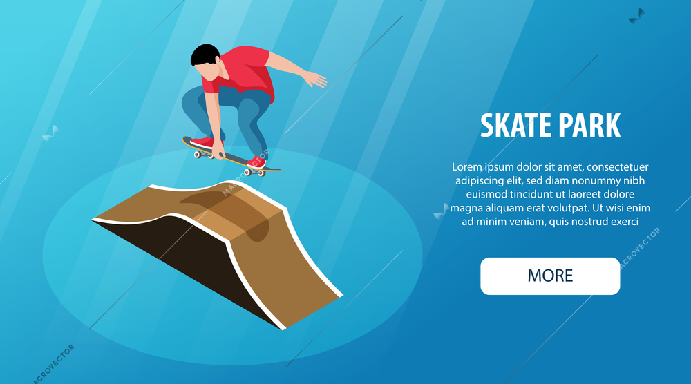 Skate park horizontal banner with young man making jumping stunt on skateboard over ramp construction isometric vector illustration