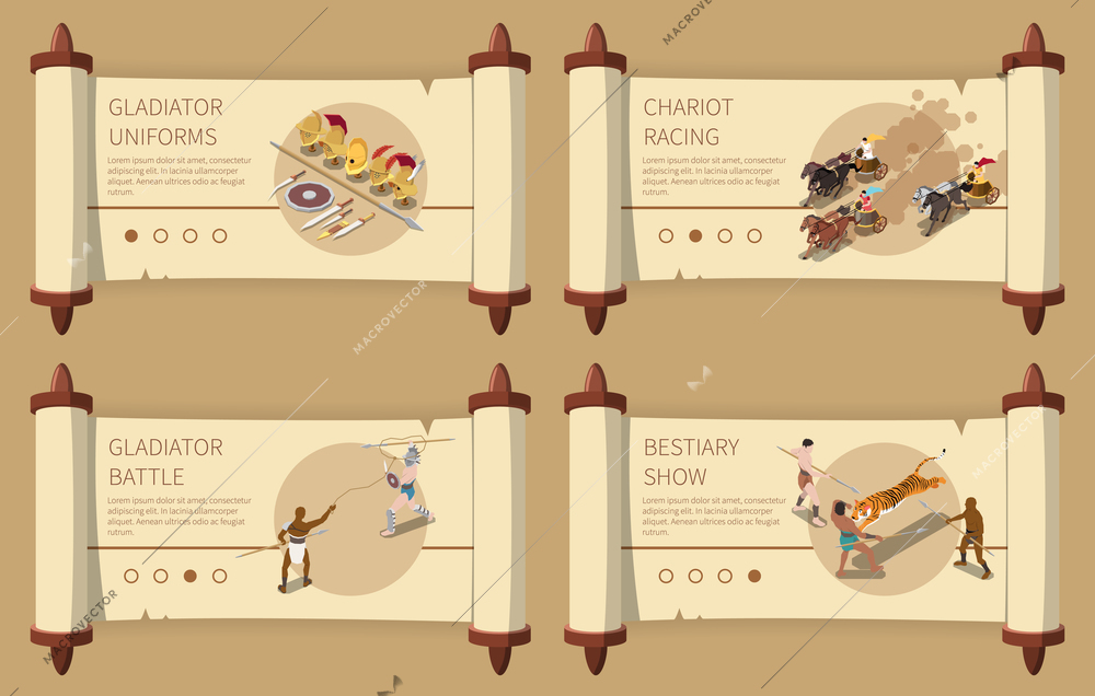 Roman gladiators isometric stylized ancient vector illustration with four  medieval papyrus scrolls informing about chariot racing bestiary show and gladiators uniform