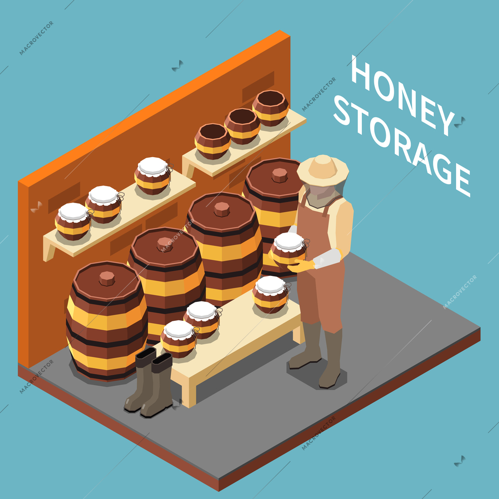 Honey storage isometric background with beekeeper character in uniform holding barrel of honey vector illustration