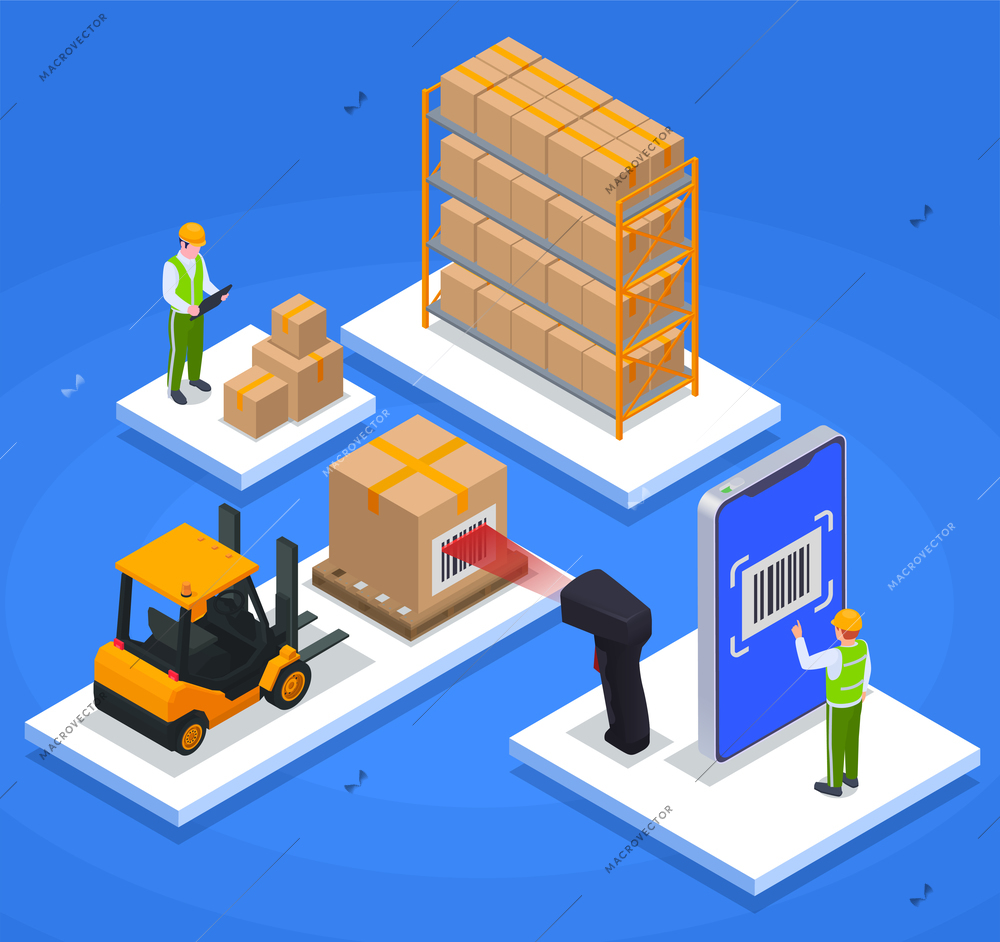 Modern warehouse isometric and colored concept worker reconciles boxes with bill of lading stand with boxes product scanning and stock car items on square racks vector illustration