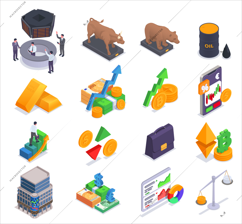 Stock exchange financial market trading isometric icon set gold bars currency and gold fluctuations charts with interest rate scales and charts vector illustration