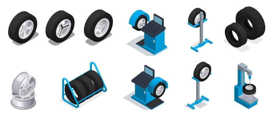 Tire production service colored and isometric icon set different types and sizes of tires and different aluminium wheels vector illustration