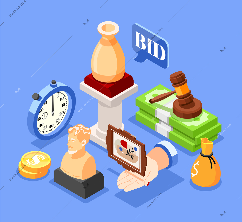 Auction isometric background with composition of valuable articles images with icons of gavel cash and bid vector illustration