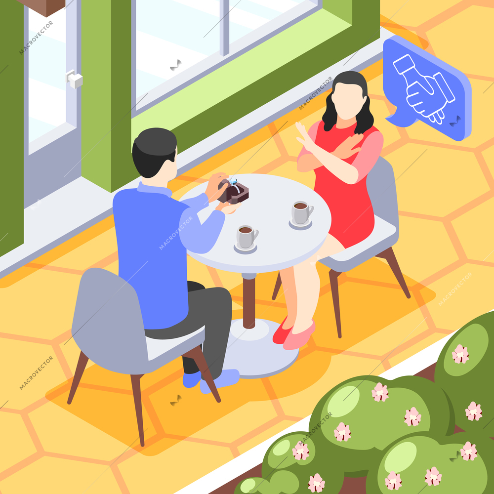 Friendzone isometric background with outdoor cafe scenery and couple having date with woman willing stay friends vector illustration