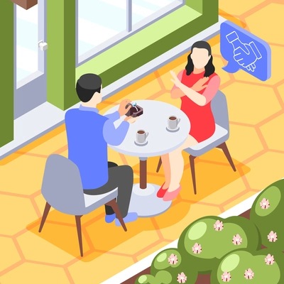 Friendzone isometric background with outdoor cafe scenery and couple having date with woman willing stay friends vector illustration