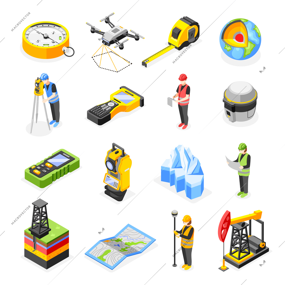 Geodesy isometric set of isolated icons images of measuring tools flying quadcopter and working human characters vector illustration