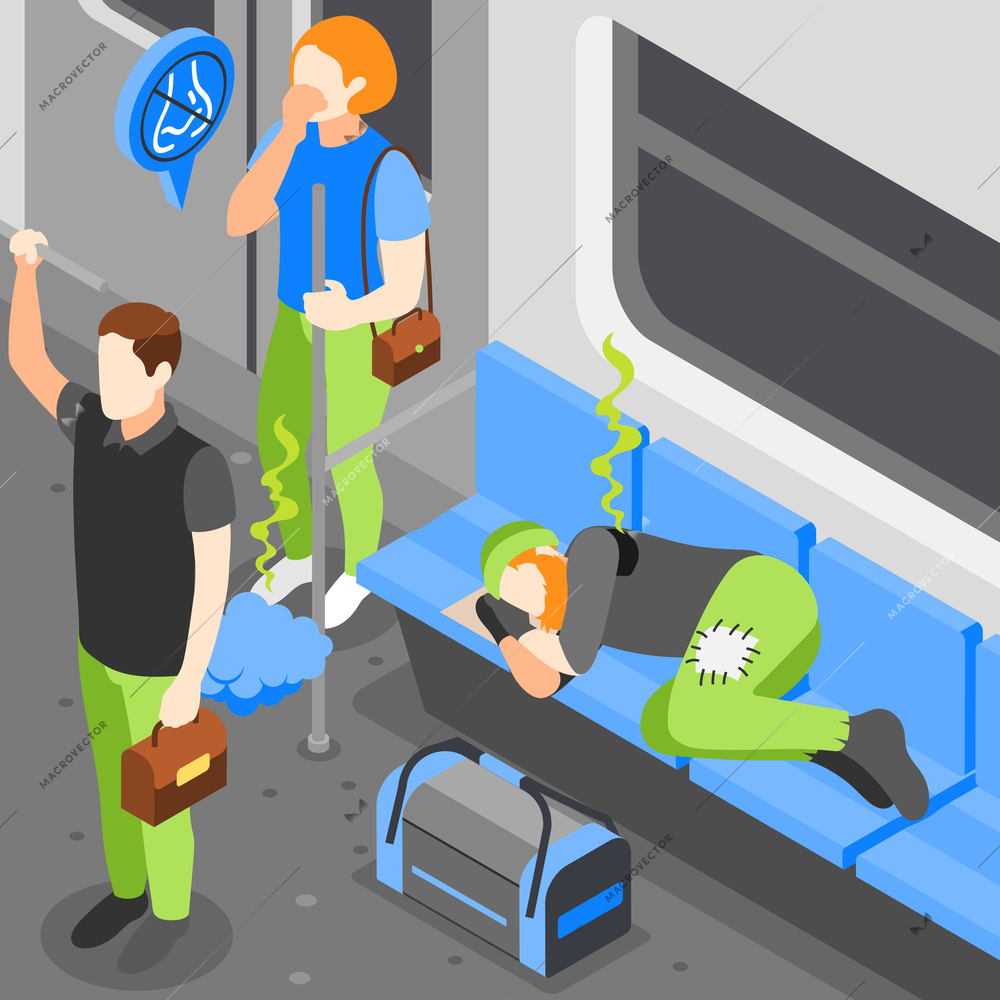 Public transport problems isometric background with inside view of train bad smell and sleeping homeless person vector illustration