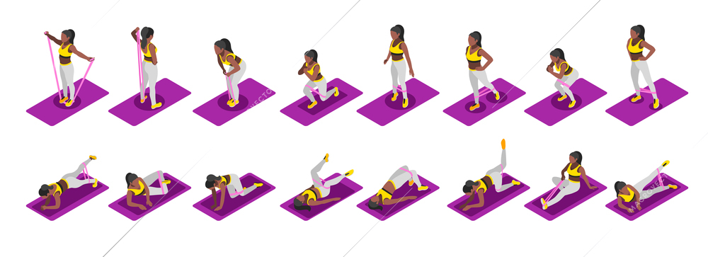 Set of resistance band exercises isometric recolor icons with human characters of practicing woman on mats vector illustration