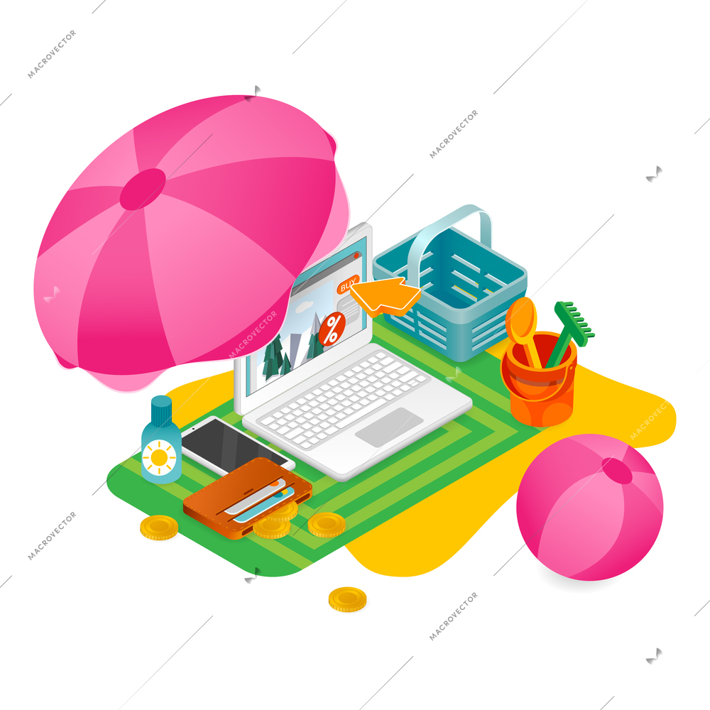 E-commerce mobile shopping isometric composition with images of laptop and beach toys with sun umbrella vector illustration