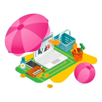 E-commerce mobile shopping isometric composition with images of laptop and beach toys with sun umbrella vector illustration