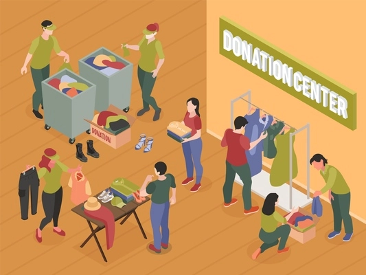 Volunteers sorting clothes and shoes in donation centre 3d isometric vector illustration