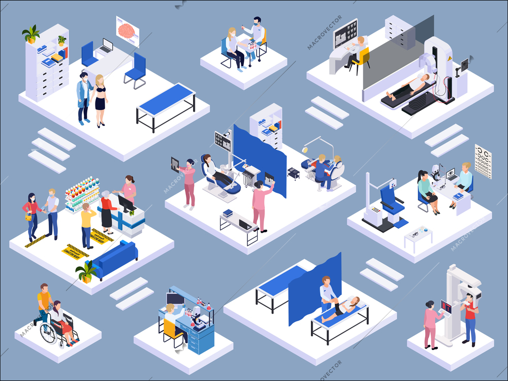 Medical center interior isometric composition with dentist mri pharmacy ophthalmologist laboratory tests xray 3d isolated vector illustration