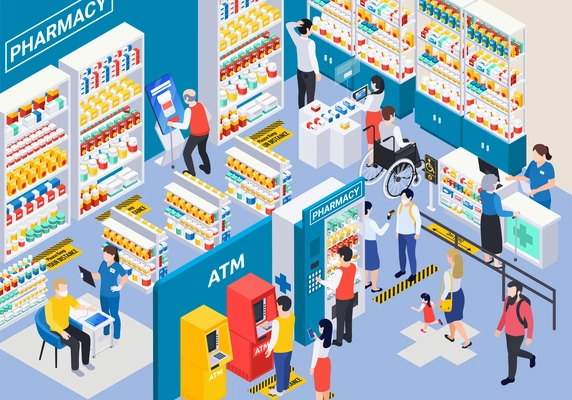 Isometric modern pharmacy store interior with showcases vending machine atm marking on floor and customers 3d vector illustration