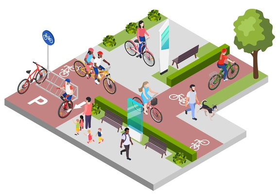 Isometric composition with bicycle parking people walking and cycling along bike lanes 3d vector illustration