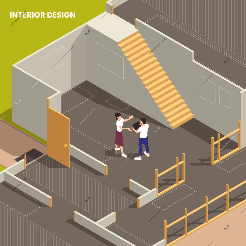 Interior designer discussing with client desired look within new house building suited for inhabitants isometric vector illustration