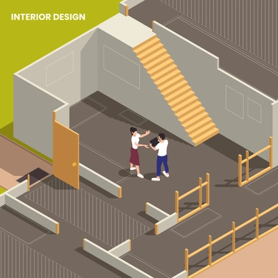 Interior designer discussing with client desired look within new house building suited for inhabitants isometric vector illustration