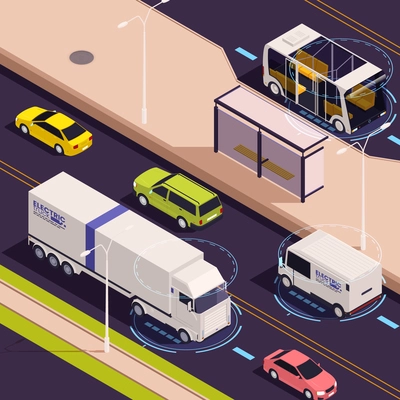 Modern 3d vision electric trucks delivery van commuting services bus navigating city streets isometric vector illustration