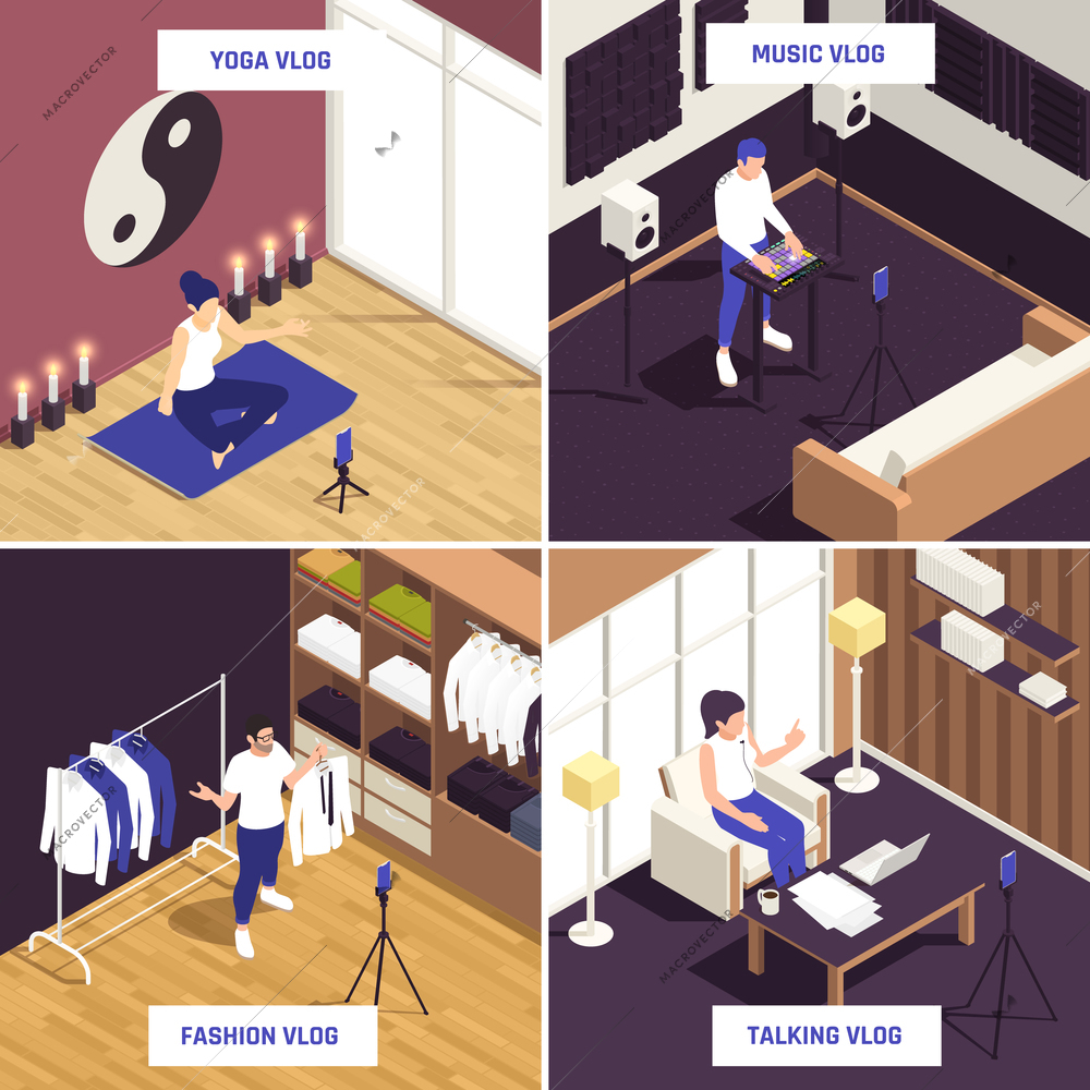 Popular fashion blogger live presentation relaxation yoga and music vloggers talking show streaming isometric compositions vector illustration