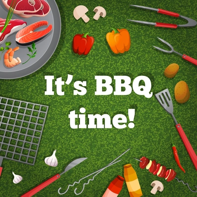 Bbq barbecue grill picnic poster with meat fish vegetables vector illustration