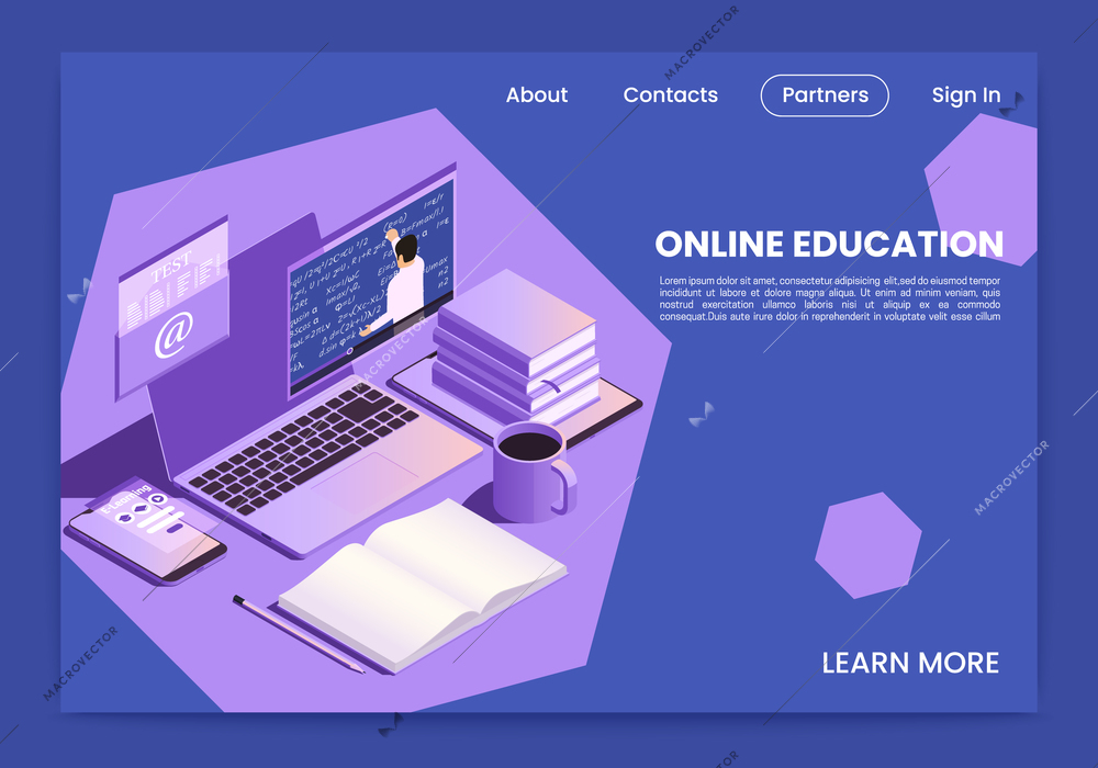 Online education self paced learning programs official site isometric design with laptop textbooks notebook coffee vector illustration