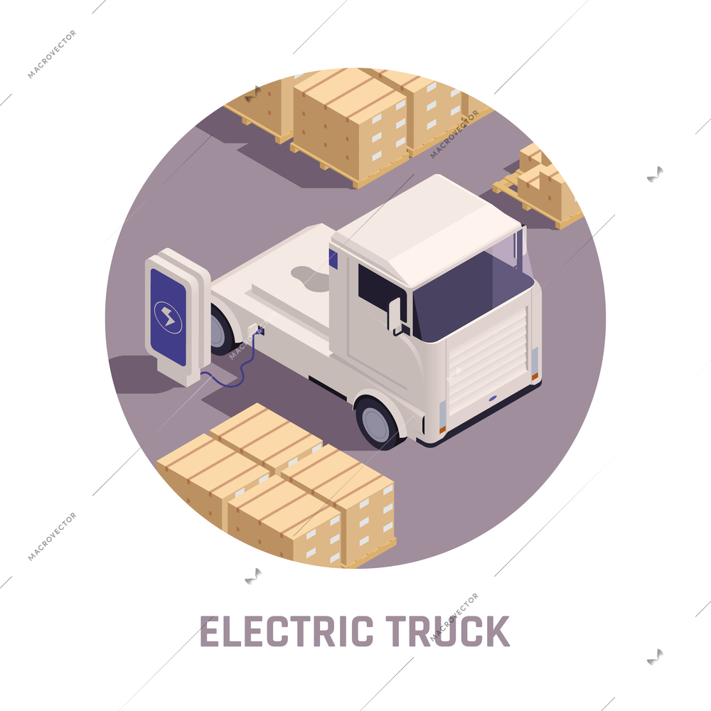 White electric platform truck using modern charging station for big cargo vehicles circular isometric composition vector illustration