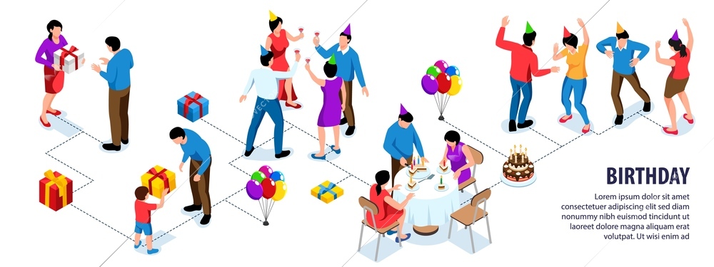 Isometric infographics with people dancing eating and giving presents at birthday party 3d vector illustration