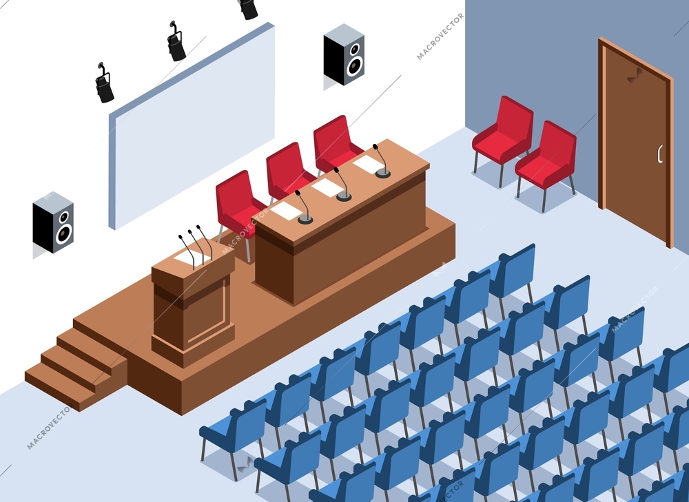 Isometric conference hall composition with indoor view of empty auditorium with tribune and table on stage vector illustration