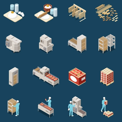 Macaroni pasta production isometric icon set stages of production preparation types of pasta and the chef working in shop vector illustration