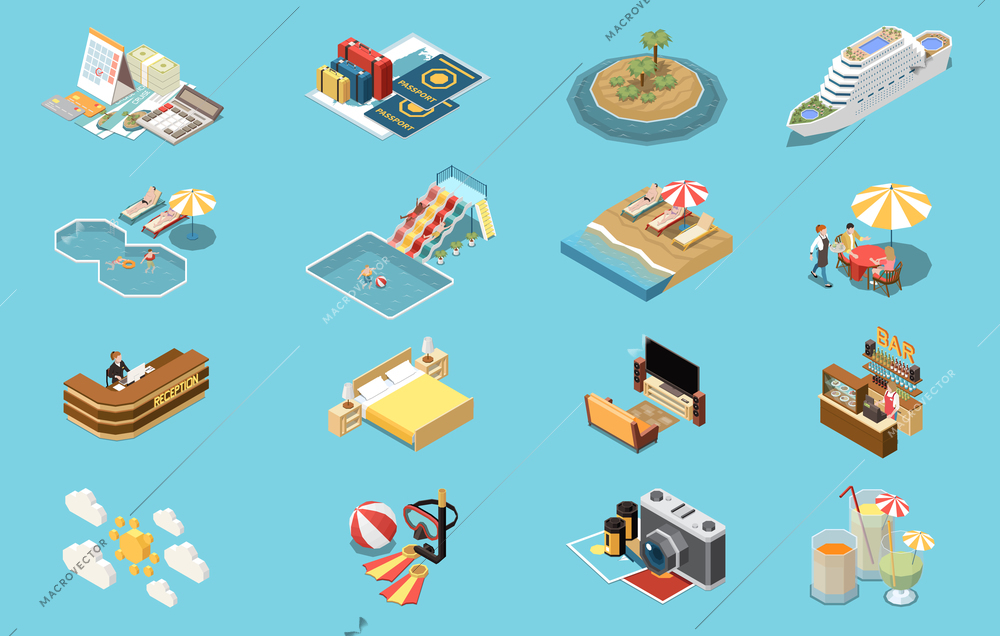 Sea cruise isometric icon set with different attributes passports reception pool bar cabin vector illustration