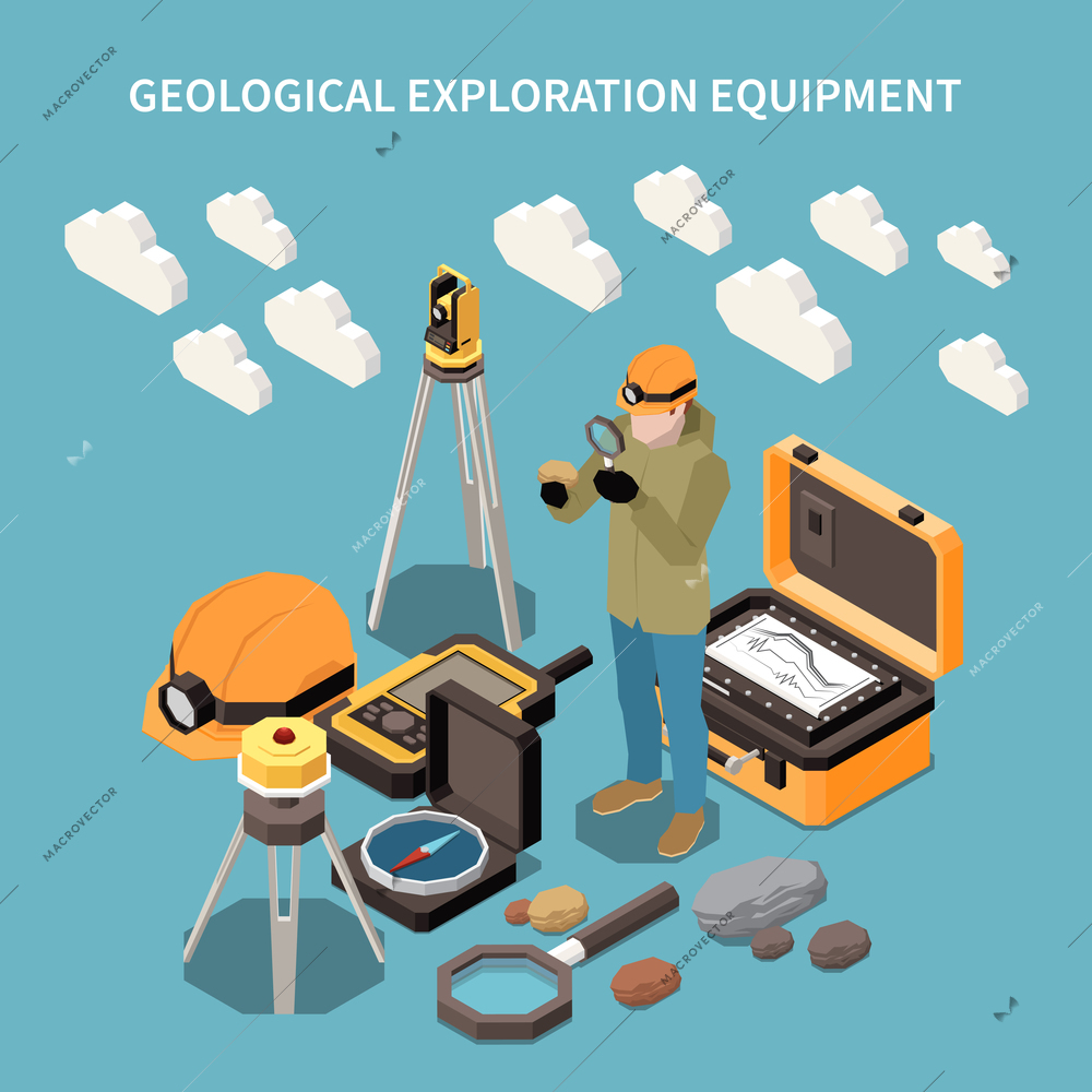 Geology earth exploration isometric concept with geological exploration equipment description and different tools and elements for work vector illustration