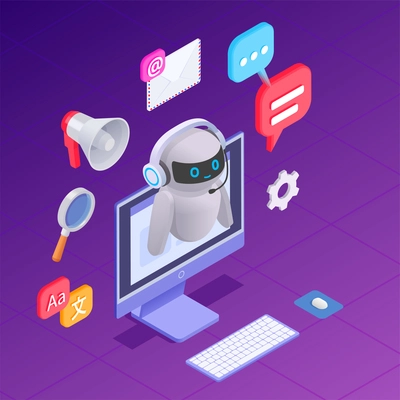 Chatbot messenger composition with technical support symbols isometric vector illustration