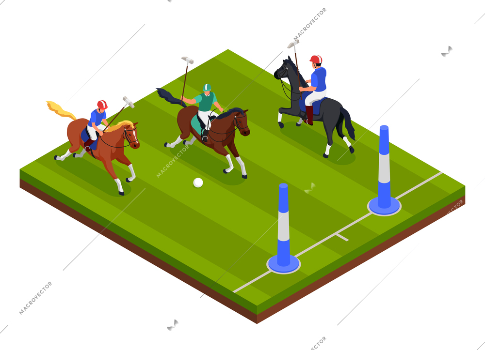 Equestrian sport concept with polo game symbols isometric vector illustration