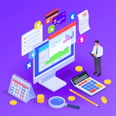 Accounting and financial audit concept with banking symbols isometric vector illustration