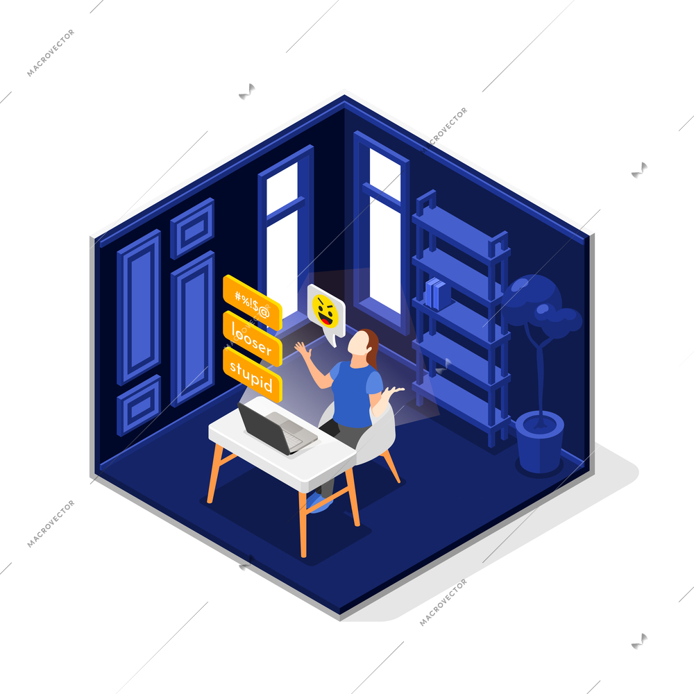 Cyber bullying isometric composition with female character of bully attacking somebody sending messages via internet 3d vector illustration