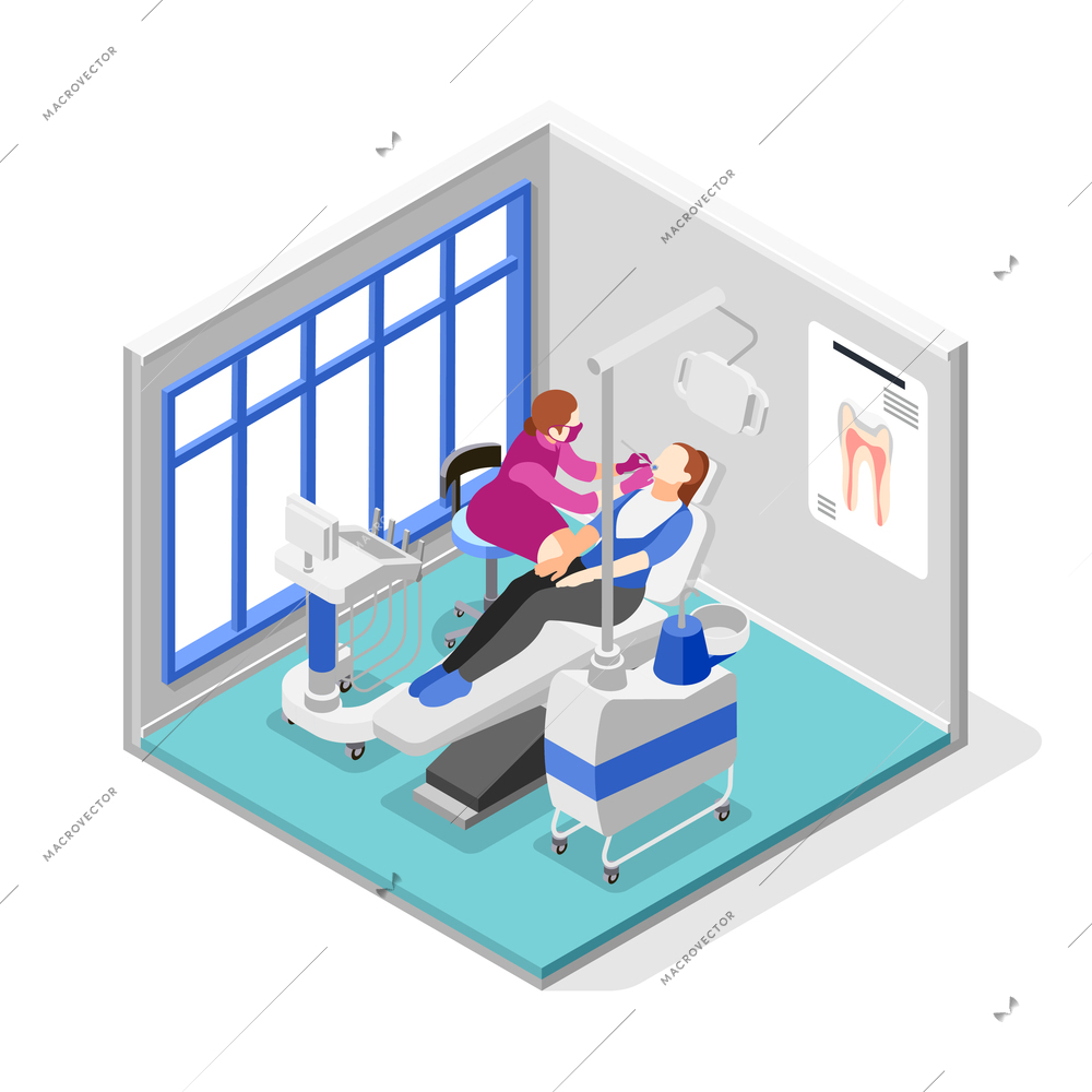 Isometric composition with person having dental checkup at clinic 3d vector illustration