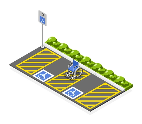 Accessible environment isometric composition with wheelchair on parking zone for disabled 3d vector illustration