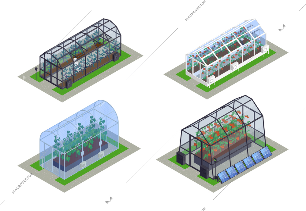 Isometric greenhouse modern smart icon set four different sized greenhouses with seedlings inside vector illustration