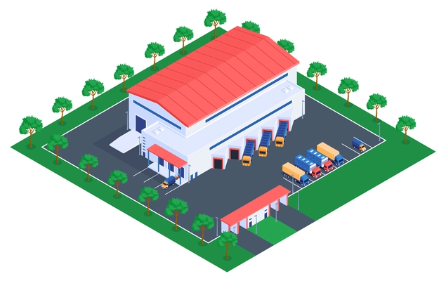 Isometric logistic composition with view of warehouse building with surrounding area and parking with cargo trucks vector illustration