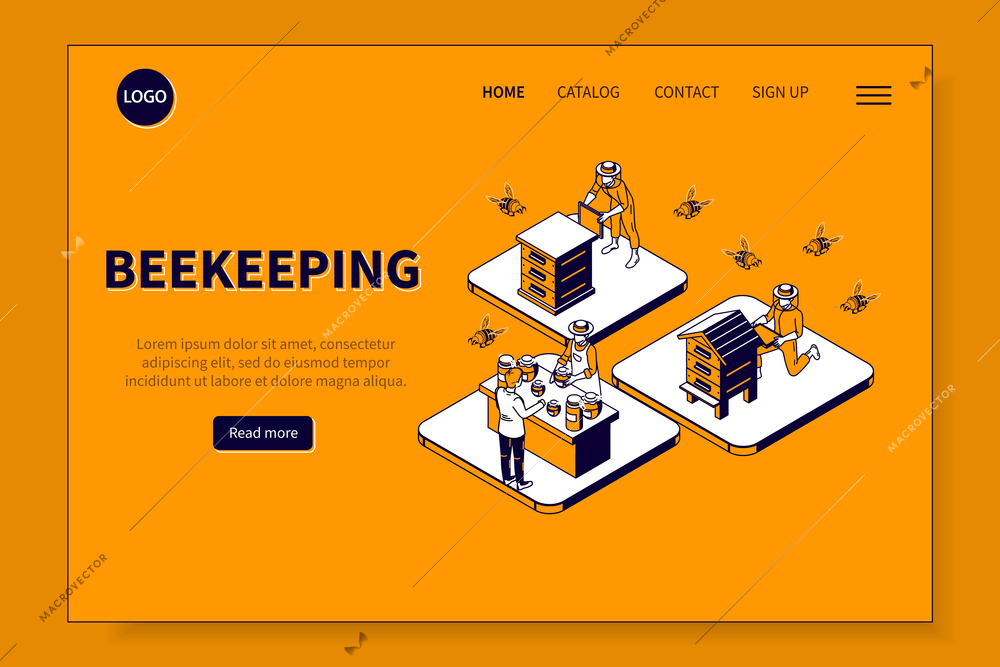 Beekeeping isometric web site page with beekeeper characters hives honey and clickable links with editable text vector illustration